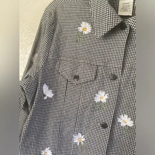Quacker Factory Medium Gingham Jacket Black White Embroidered Daisy Button Up
