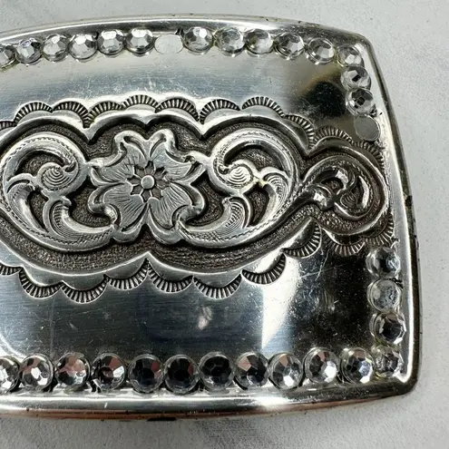 Vintage 1995 Western Rhinestone Belt Buckle Flower Scroll Silver ✨