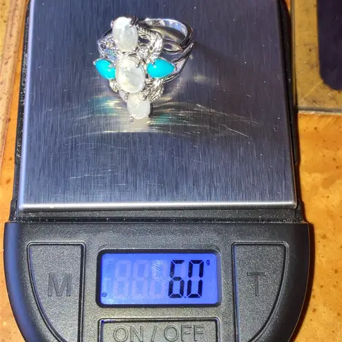 Natural Sleeping Beauty Turquoise Rainbow Moonstone Ring Size 8 Silver