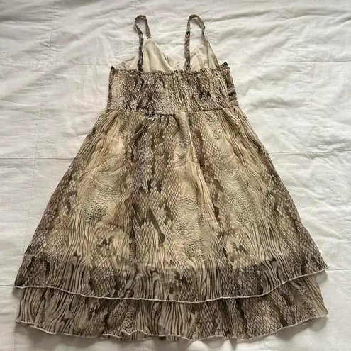 Y2K Tan brown snakeskin print babydoll dress ruffle hem smocked back Size medium