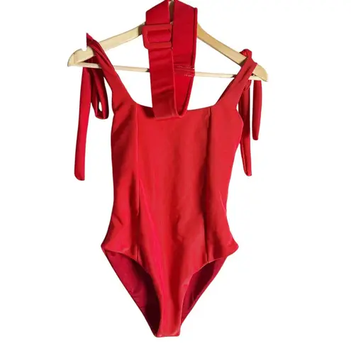 Beach Riot Sydney Red Belted Tie Shoulder Square Neck One Piece Swimsuit Size M