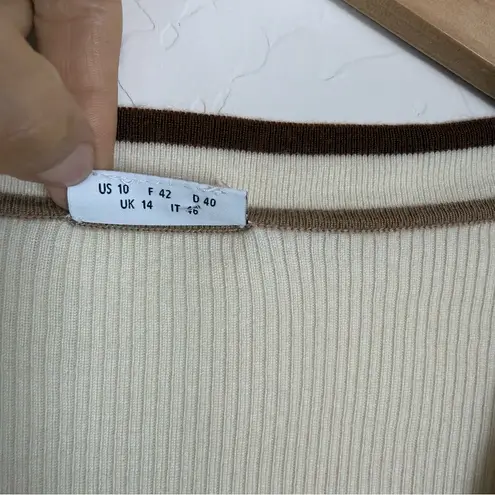 Akris Punto Cream V-Neck Button Down Sweater 100% Virgin Wool Stripes