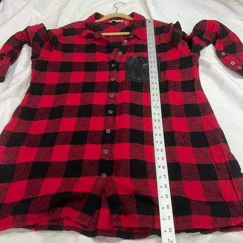 Soft Surroundings Red Black Buffalo Plaid Faux Leather Pocket Detail Button Up T