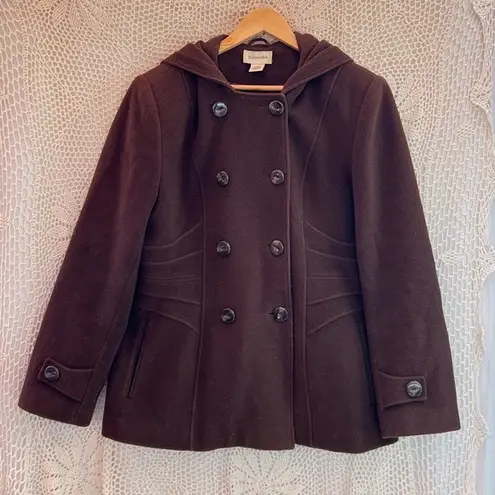 st. john's bay Women’s  Brown Wool Peacoat Hooded Buttons Lined - Size Large