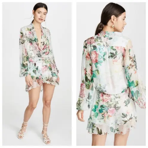 Rococo Sand Isa Wrap Dress Size XS Silk Floral Long Sleeve Mini Bohemian Resort Pink