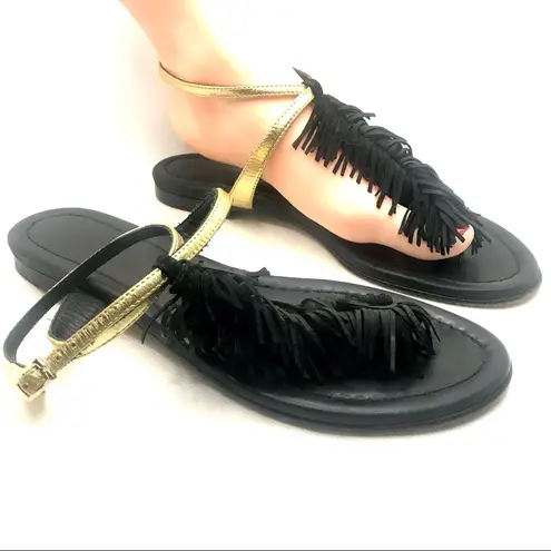 VISCONTI & DE REAU BLACK & GOLD LEATHER WITH FRINGE THONG SANDALS (37) Size 6