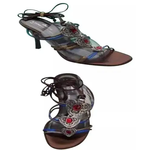 Donald Pliner Pewter Metallic Leather Strappy Shoe Sandal New Gem Stone $265 NWT Gray Size 8.5