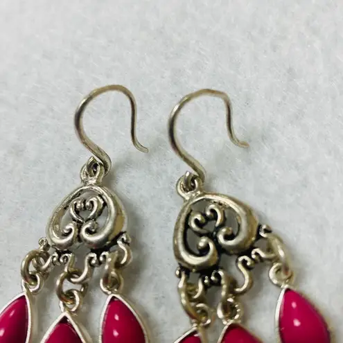 Pink Teardrop Cabochon Silver Color Metal Dangle Drop Hook Pierced Earrings