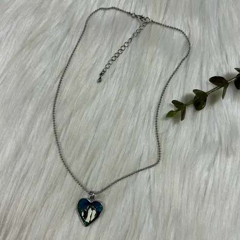 Abalone penguin heart silver tone necklace
