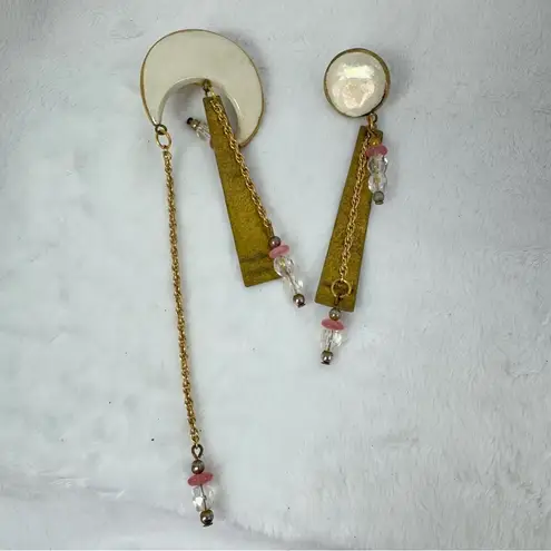 Vintage Handmade Artisan Clay Metal Beaded Statement Earrings Unique Artsy Gold