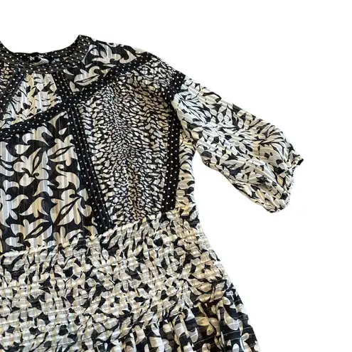 Diane Freis Georgette Black White Floral Dress Smocked Waist Asymmetrical Large