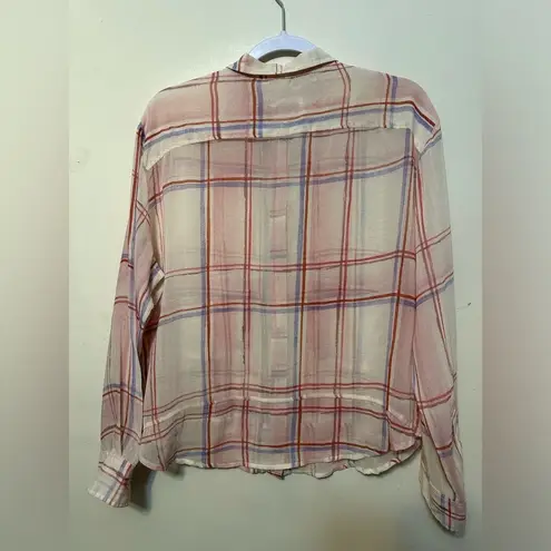 Holding Horses ANTHROPOLOGIE Medium Western Pink Plaid Sheer Blouse Top BOHO