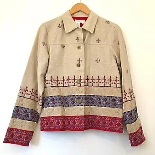 Coldwater Creek Beige Tan Red Blue Cross Stitch Linen Etc Shacket Jacket Medium