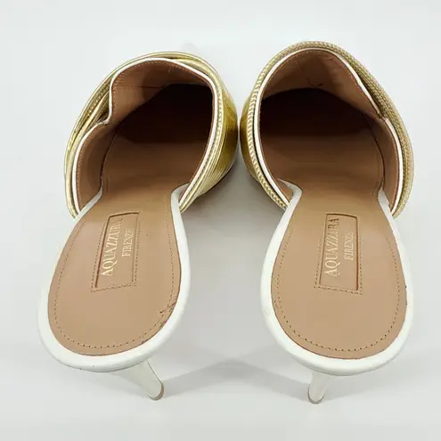 Aquazzura Firenze Rendez Vous 75 White Leather Gold Coil Mule Pumps Size 38.5