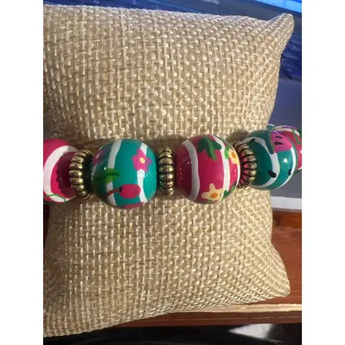Angela Moore Stretch Beaded Bracelet Colorful Watermelon Flowers Stripes 5.75" Pink