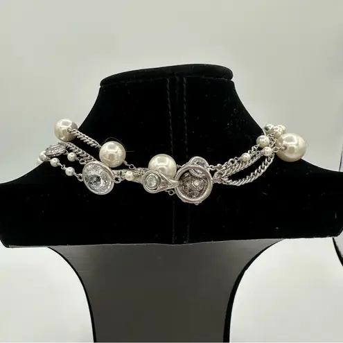 Henri Bendel Socialite Long Double Strand Silver Chain Necklace Charms Pearls