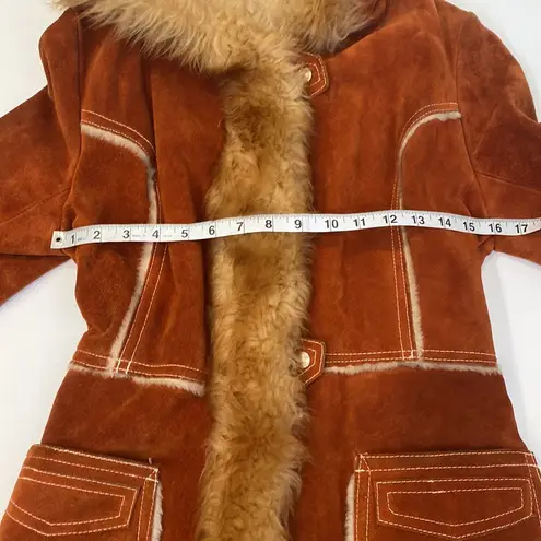 Vintage Rust Colored Suede Coat w/ Faux Fur Trim Snap Closure Sz XS Lined Hooded
