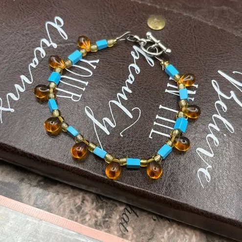 Y2K Handmade Amber Glass & Turquoise Beaded Bracelet (Vintage Beads) 8.25” Orange
