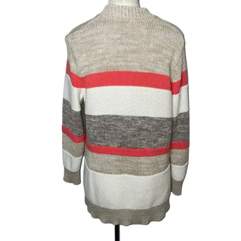 Women's Oversized Striped Open Front Cardigan Sweater Neutral Coral Cozy Knit Size L