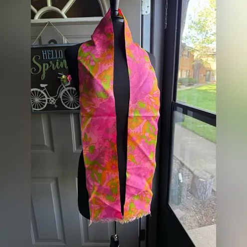 Vintage handmade hot pink floral psychedelic fringe neck scarf