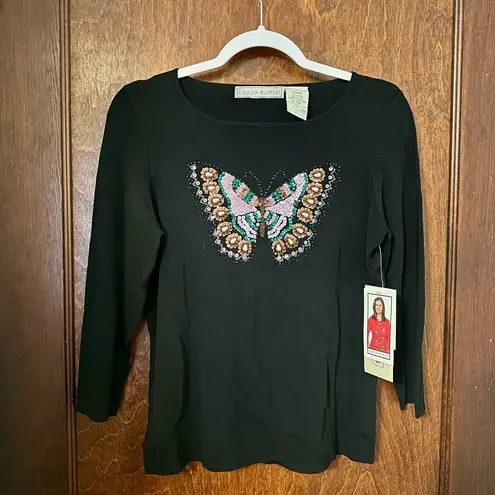NWT Vintage Y2K Sequin Beaded Butterfly Print Top Size L Black Size L thumbnail 2