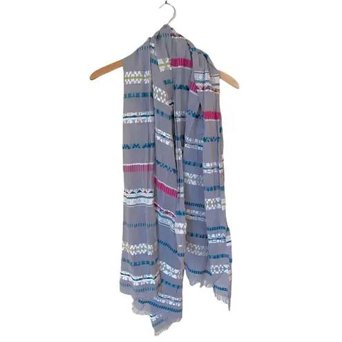 Rectangle Scarf Boho Embroidered Lightweight Gauze Gray Multicolor Trims Raw Hem