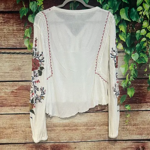 Sundance Waffle Knit Embroidered Long Sleeve Shirt Large Floral Top Blouse Flowy