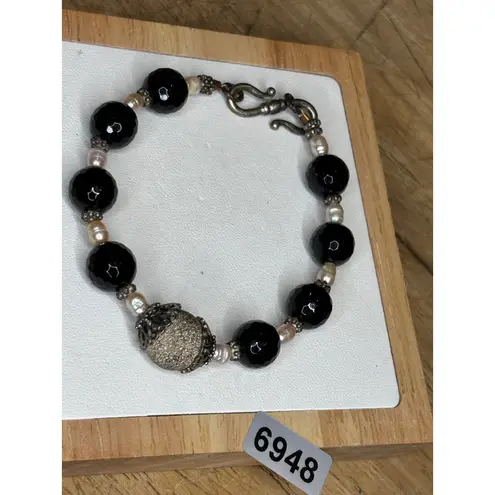 None Handcrafted Black Beaded Bracelet With Pearl Accents & Silver-Tone Clasp
