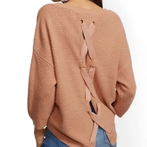New York & Company Lace up Crew neck Relaxed Open Back Sweater Size M Pink Size M