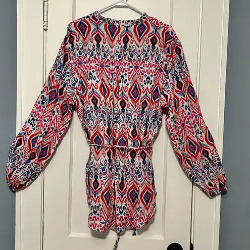 Boden rosie 100% linen tunic top button front multicolor ikat size 10R preppy Red