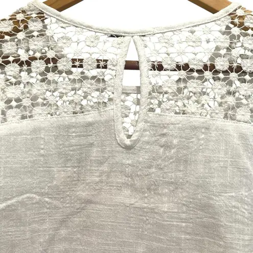 Acemi Embroidered Lace Blouse Top White Sz L Cotton Sheer Neck Keyhole Boho NEW