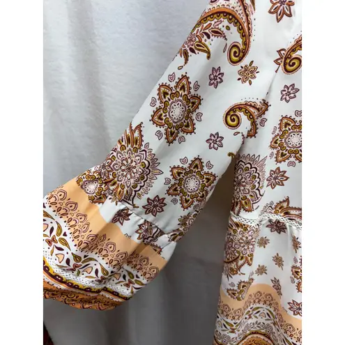 Fever Paisley Print Blouse Top Womens Medium 3/4 Sleeve Tie Neck Boho Chic White