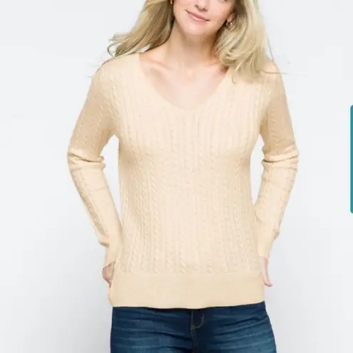 41 Hawthorn Kellie cream cable knit v neck sweater cashmere silk EUC Oatmeal Size L