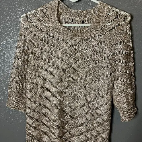 Metallic Gold/Bronze Open Knit Sequin Accent Sweater Tunic Size S/M (Est.) Gold Size M