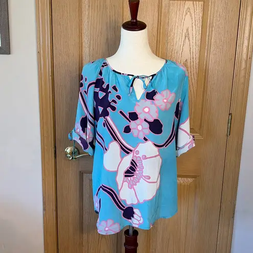 Yumi Kim 100% Silk Blue Floral Print Blouse Top Small