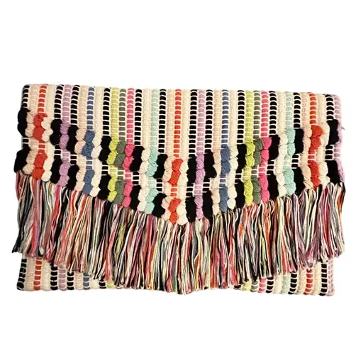 Stella & Dot Taj Boho Clutch Bag Multicolor Woven Fringe Magnetic Closure