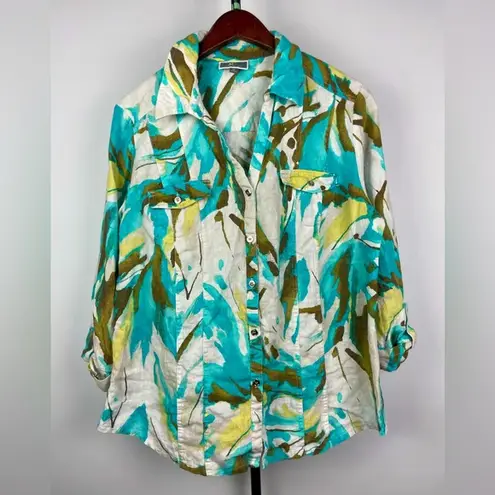 JM Collection Multicolor Watercolor 100% Linen Roll Tab 3/4 Sleeve Button Up Top