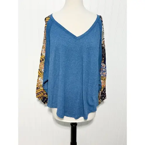 Beyove Women's V Neck Bohemian Loose Pullover Long Sleeve Top Navy Blue Size XL Blue