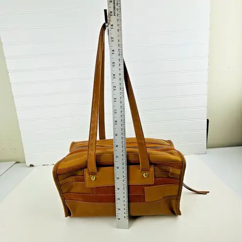 HOBO Tan Velvet Hide Suede Leather Patchwork Double Handles Satchel Shoulder Bag Brown