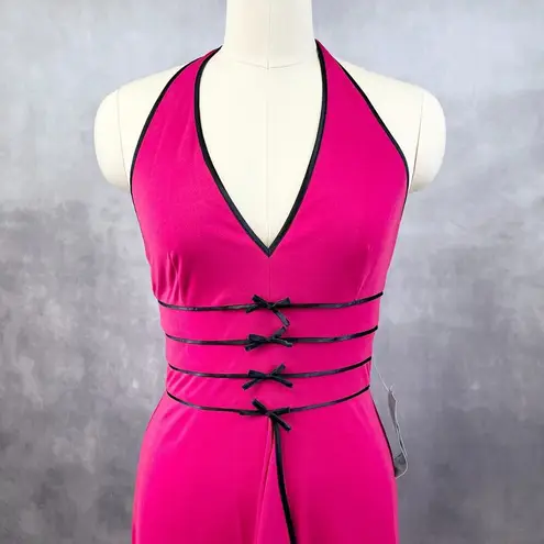 Vtg Y2K Dusk Halter Dress Women 9/10 Pink Siren Vixen Vamp Glam Ruffle Bow Retro