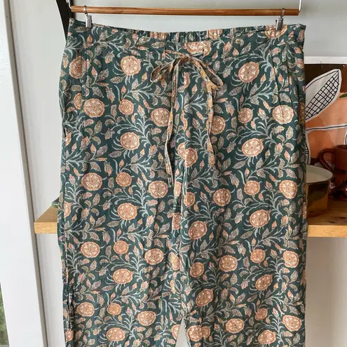 Natura Green Peach Floral Boho Print Cotton Pajama Pants Size Medium