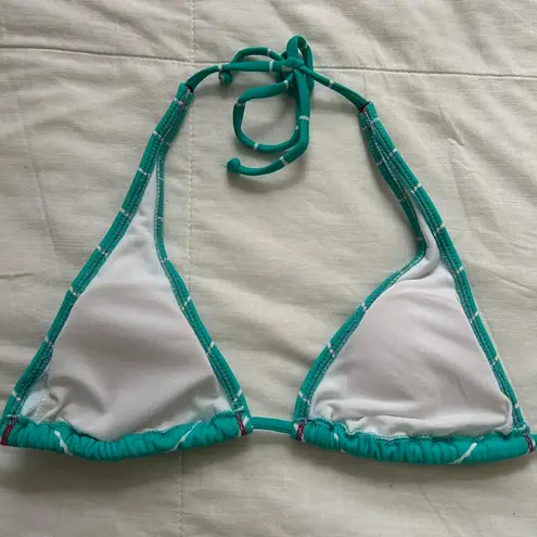 Teal Blue and white stripe pink flamingo bikini top
