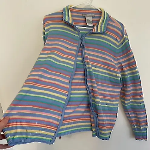 VINTAGE SAG HARBOR Blue Pink Yellow Rainbow Stripe Full Zip Sweatshirt / Sweater Size XL