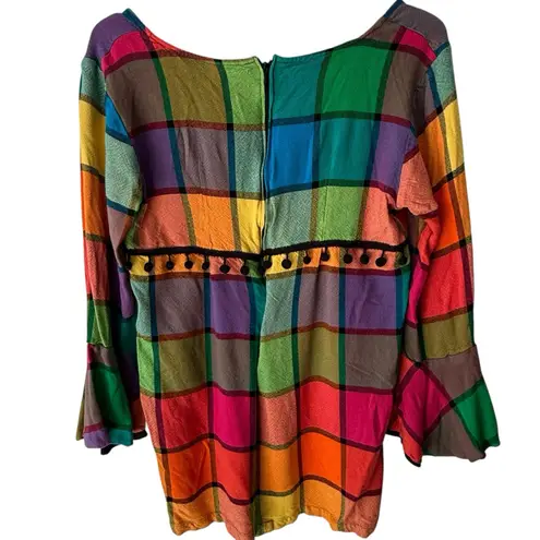 Stella & Dot VTG Stella Women's Top L Rainbow Plaid Boho Festival Tunic Bell Sleeve Zip Back