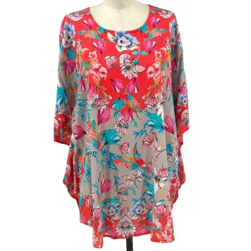 Tolani Pink & Blue Poppy‎ Floral Kimono Poncho Woven Top Size Medium Red