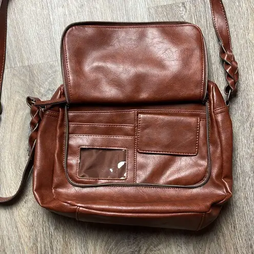 Faux Leather Large Quilted Crossbody Bag Brown