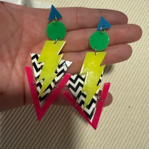 80’s Inspired Colorful Geometric Lightning Bolt Earrings Pink