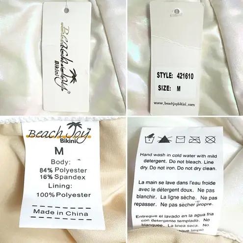 Beach Joy NWT White Metallic Plunge One Piece Swimsuit Size Medium Bridal Bow