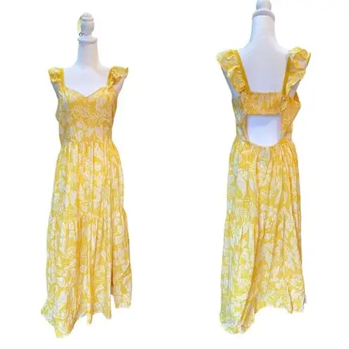 Angie  Midi Dress Cap Sleeve Tiered Skirt Yellow Floral Open Back Womens Large