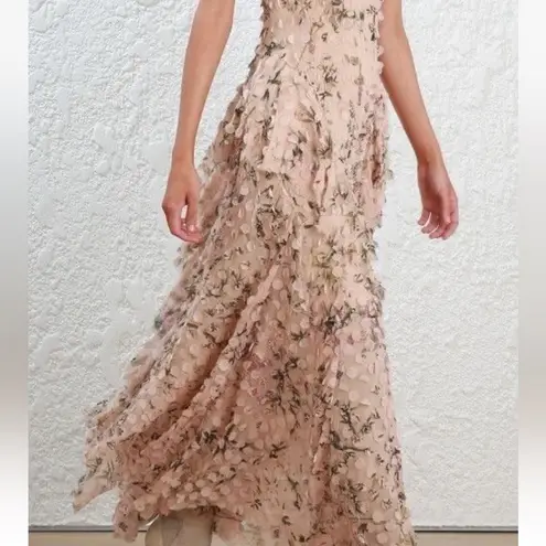 Zimmermann Maples Floral Silk Tiered Gown with 3D Appliqué Petals & Ruffles